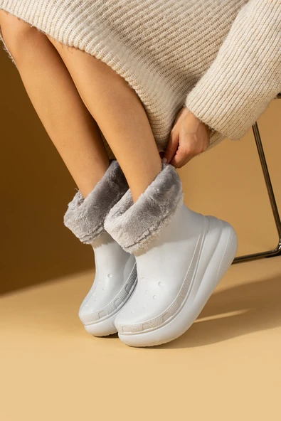 Pembe Potin İçi Kürklü Kalın Taban EVA Su Geçirmez Kadın Yağmur Botu 001-1900-24 - Resim 7