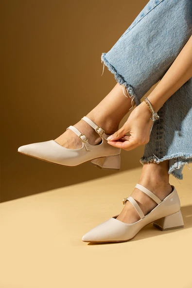 Pembe Potin Sivri Burun Çift Tokalı Kadın Topuklu Ayakkabı 86-27-24Rugan ürün görseli