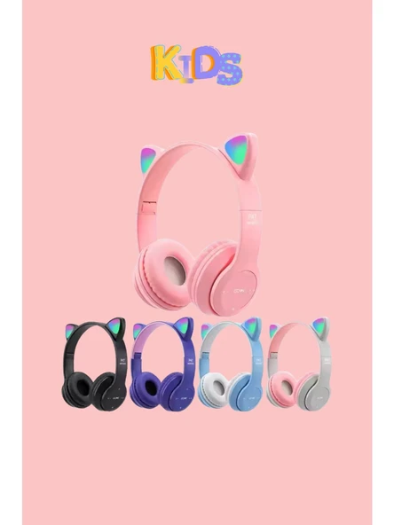 P47M Sevimli Renkli Kedi Kulak Üstü Bluetooth Kulaklık Açık Mavi - Resim 6