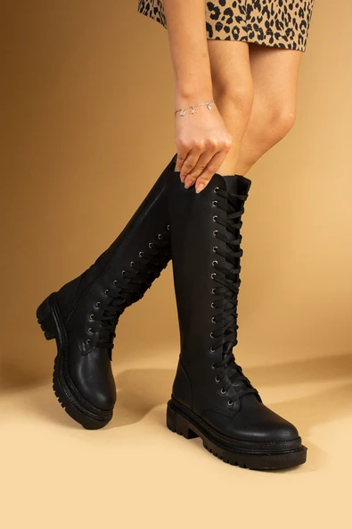 Pembe Potin Kalın Taban Diz Altı Bağcıklı & Fermuarlı Rahat Kalıp Kadın Çizme 59-904-24 - 4