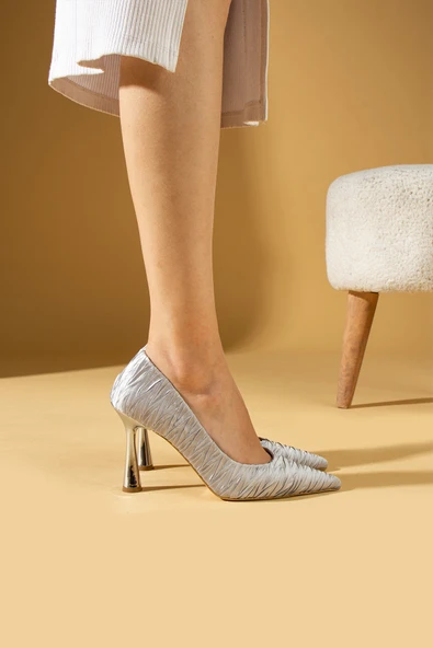 Pembe Potin Kırışık Saten Kadeh Topuklu Rahat Kalıp Kadın Topuklu Ayakkabı 017-1880-23Saten - Resim 9