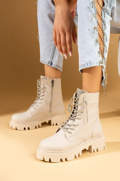 Pembe Potin Kaymaz Yüksek Taban Taş Detaylı Fermuarlı Kadın Postal Bot 57-301-24 - Resim 2