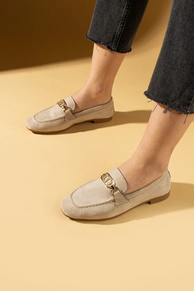 Pembe Potin Taşlı Metal Toka Detaylı Rahat Kalıp Kadın Babet 016-080-25Süet - Resim 4