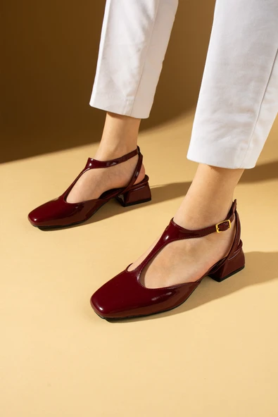 Pembe Potin Küt Burunlu Tokalı Kadın Topuklu Ayakkabı 53-58-25Rugan - Resim 2