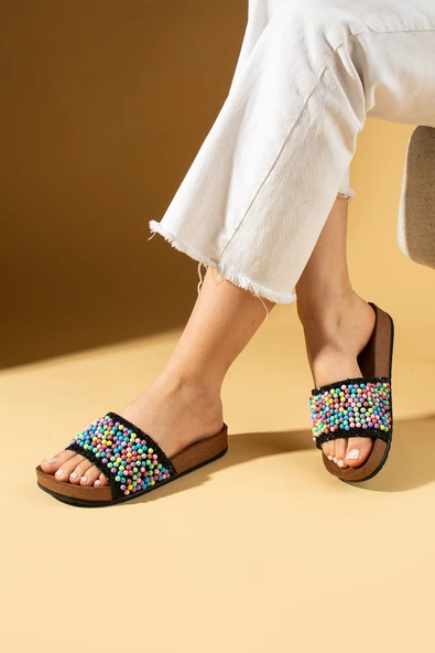 Pembe Potin Taşlı Rahat Taban Kadın Terlik 001-015-25Multi - Resim 3