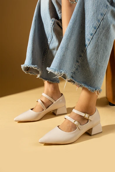 Pembe Potin Sivri Burun Çift Tokalı Kadın Topuklu Ayakkabı 86-27-24Rugan - Resim 3