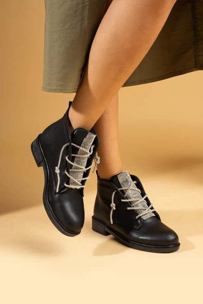 Pembe Potin İnce Parlak Taşlı Sıcak Astar Comfort Taban Bağcıklı Kadın Bot 57-205-24 - Resim 5