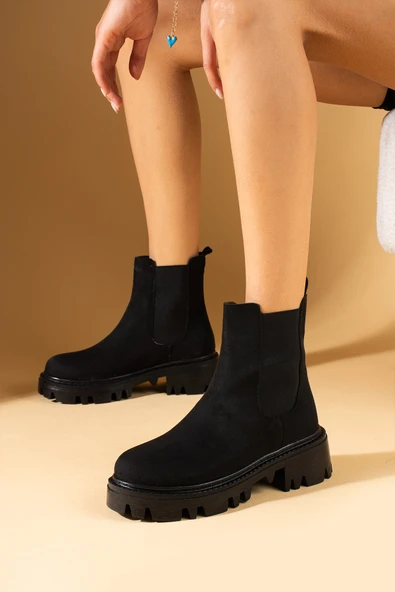 Pembe Potin Kalın Taban Çift Lastik Detay Postal Kadın Bot 57-270-24Süet ürün görseli