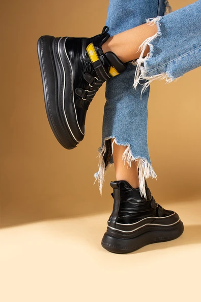 Pembe Potin Fosforlu Kumaş Detaylı Yüksek Taban Cırtlı Sneaker Kadın Bot 36-530-24 - 10