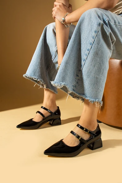 Pembe Potin Sivri Burun Çift Tokalı Kadın Topuklu Ayakkabı 86-27-24Rugan - Resim 2