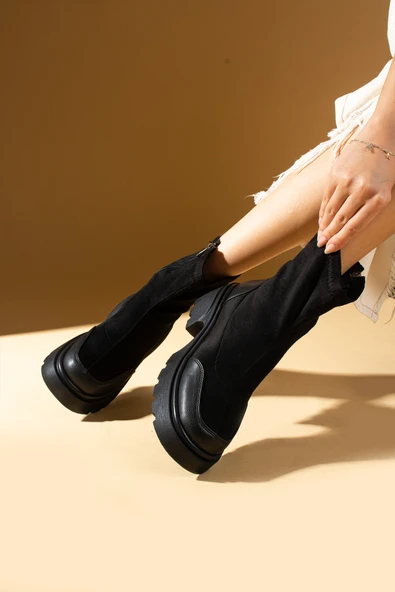 Pembe Potin Yüksek Taban Fermuarlı Streç Kadın Bot 59-2400-24Süet - Resim 5