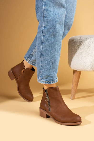 Pembe Potin Yuvarlak Burun Fermuarlı Kalın Topuklu Kadın Bot 57-03-24 - 6