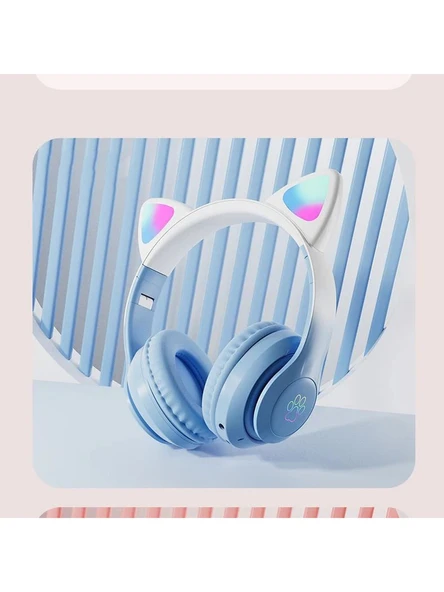 P47M Sevimli Renkli Kedi Kulak Üstü Bluetooth Kulaklık Açık Mavi - Resim 2
