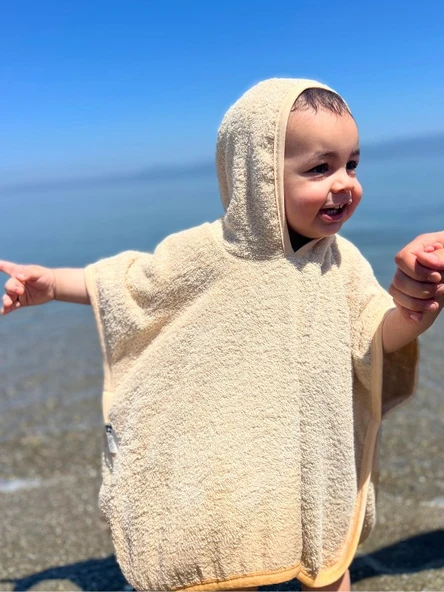 Organik %100 Pamuk Kapşonlu Plaj Çocuk Bebek Panço Bornoz Banyo Havlu Kapüşonlu - 8