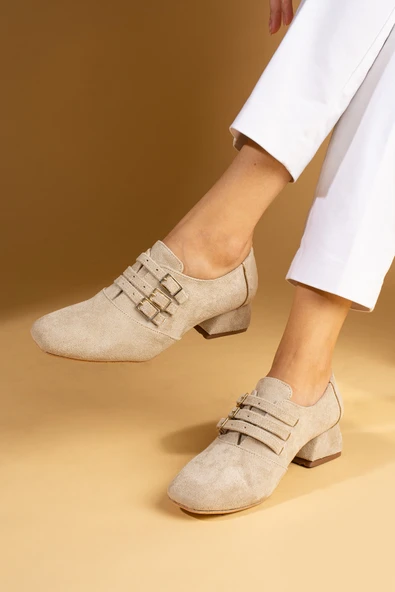 Pembe Potin Küt Burunlu 3 Tokalı Topuklu Kadın Ayakkabı 53-400-24Süet - Resim 5