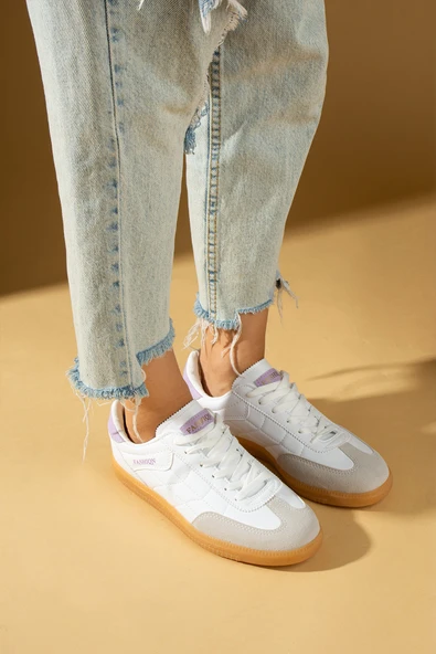 Pembe Potin Dikiş Detaylı Rahat Taban Bağcıklı Kadın Sneakers 001-1007-24ZLila - Resim 3