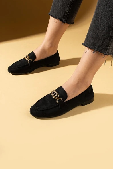 Pembe Potin Taşlı Metal Toka Detaylı Rahat Kalıp Kadın Babet 016-080-25Süet - Resim 2