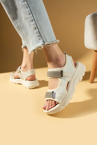 Pembe Potin Çift Cırtlı Rahat Taban Taş Detaylı Kadın Sandalet 59-15-25 - Resim 5