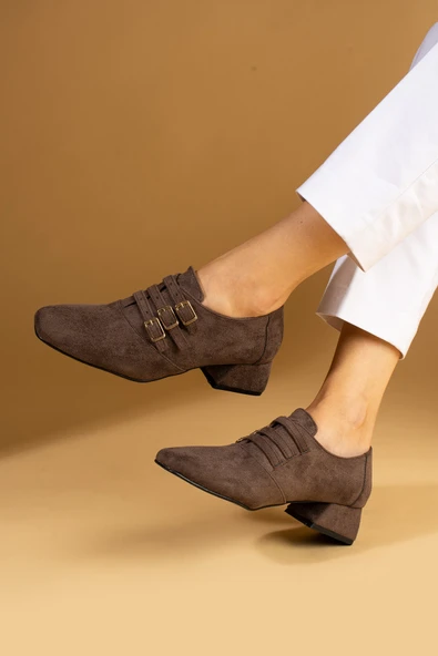 Pembe Potin Küt Burunlu 3 Tokalı Topuklu Kadın Ayakkabı 53-400-24Süet - Resim 12