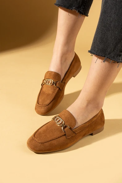 Pembe Potin Taşlı Metal Toka Detaylı Rahat Kalıp Kadın Babet 016-080-25Süet - Resim 6