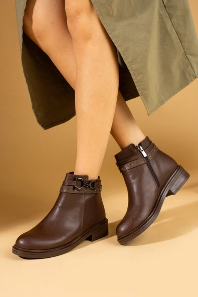 Pembe Potin Toka Ve Zımba Tedaylı Fermuarlı Sıcak Astar Kadın Bot 57-0204-24 - Resim 6