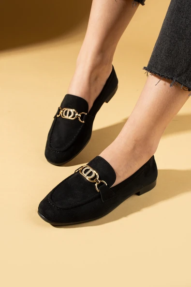 Pembe Potin Taşlı Metal Toka Detaylı Rahat Kalıp Kadın Babet 016-080-25Süet - Resim 5