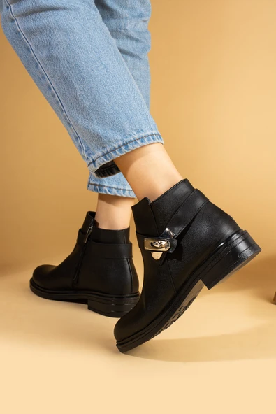 Pembe Potin Kilit Toka Detaylı Fermuarlı Rahat Kalıp Kaymaz Taban Kadın Bot 57-97-24 - Resim 5