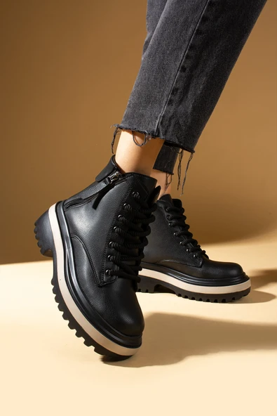 Pembe Potin Rahat Hafif Kalın Taban Fermuarlı Bağcıklı Kadın Bot 59-4000-24 - Resim 6