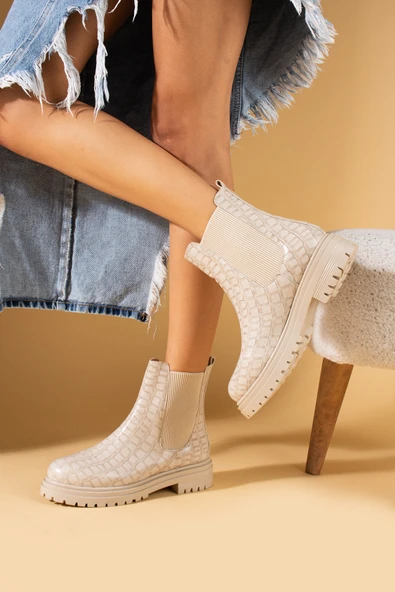 Pembe Potin Kroko Desenli Çift Lastik Detay Kadın Bot  57-111-24Kroko - Resim 7