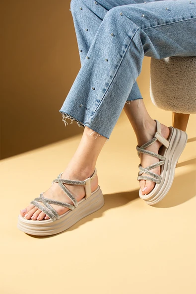 Pembe Potin Taş Detaylı Yüksek Taban Çok Bantlı Lastikli Kadın Sandalet 018-312-24Taşlı - Resim 8