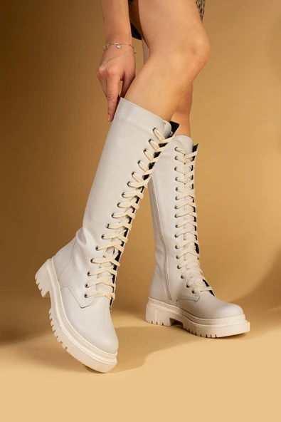 Pembe Potin Kalın Taban Diz Altı Bağcıklı & Fermuarlı Rahat Kalıp Kadın Çizme 59-904-24 - 5