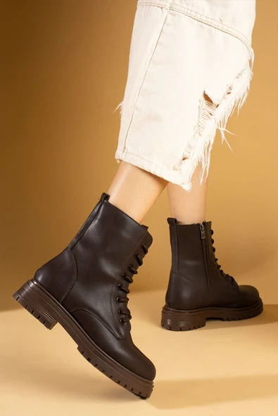 Pembe Potin Rahat Taban Oval Burun Bağcık Detaylı Fermuarlı Kadın Bot 57-04-24Cilt - Resim 4