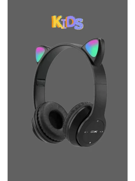P47M Sevimli Renkli Kedi Kulak Üstü Bluetooth Kulaklık Siyah ürün görseli 1