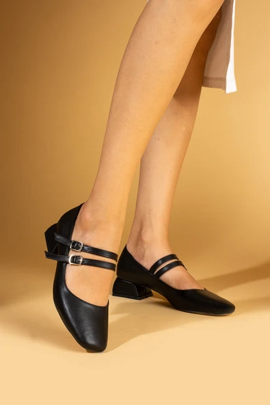 Pembe Potin Kalın Topuklu Küt Burunlu Çift Bantlı Kadın Topuklu Ayakkabı 001-266-24Cilt - Resim 2