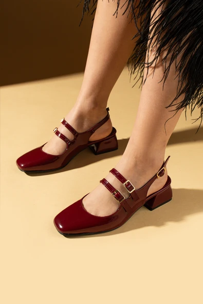 Pembe Potin Küt Burunu Ayarlanabilir Tokalı Kadın Topuklu Ayakkabı 53-67-25Rugan - Resim 2