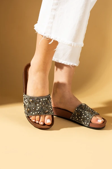 Pembe Potin Parmi Taşlı Anatomik Taban Kadın Terlik 001-006-25 - Resim 6