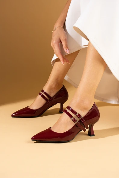 Pembe Potin Kemer Detaylı Rahat Kalıp Kadeh Topuklu Kadın Ayakkabı 53-1000-24Rugan - Resim 2