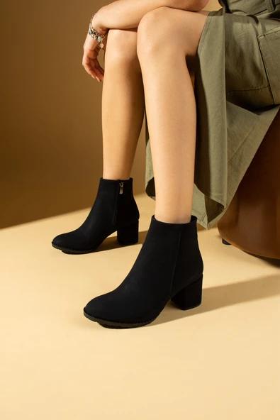 Pembe Potin Yuvarlak Burunlu Fermuarlı Kalın Topuklu Kadın Bot 82-509-24 - Resim 2