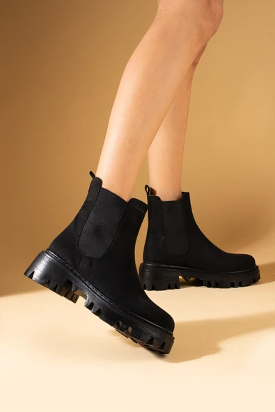 Pembe Potin Kalın Taban Çift Lastik Detay Postal Kadın Bot 57-270-24Süet - Resim 3