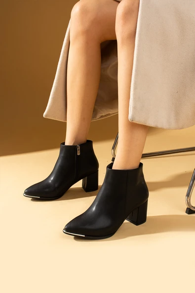 Pembe Potin Sivri Burun Fermuarlı Kalın Topuklu Kadın Bot 58-860-24Cilt - Resim 2