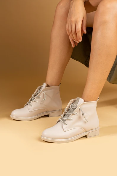 Pembe Potin İnce Parlak Taşlı Sıcak Astar Comfort Taban Bağcıklı Kadın Bot 57-205-24 - Resim 2