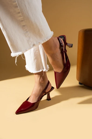 Pembe Potin Sivri Burunlu Bilekten Bantlı Arkası Açık Topuklu Kadın Ayakkabı 71-278-25Rugan - Resim 9