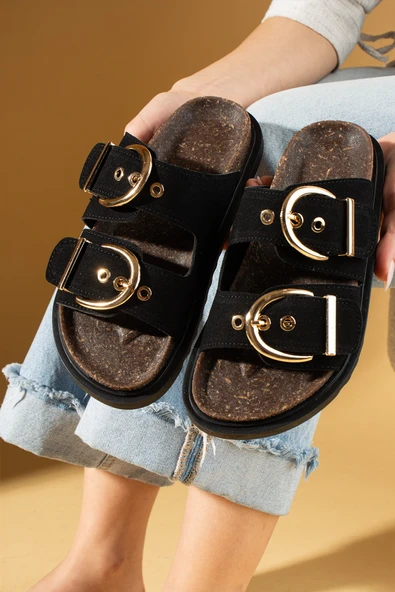 Pembe Potin Geniş Çift Gold Tokalı Rahat Kalıp Kadın Terlik 024-1001-25Süet - Resim 2