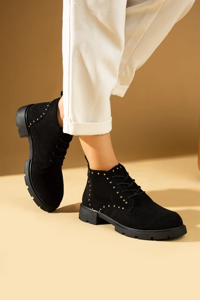 Pembe Potin Zımba Detaylı Bağcıklı Bilekte Kadın Bot & Bootie 024-029-24Süet - Resim 6