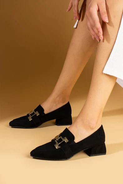 Pembe Potin Sivri Burunlu H Gold Tokalı Topuklu Kadın Ayakkabı 53-800-24Süet - Resim 3