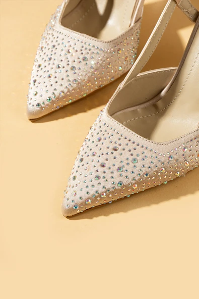 Pembe Potin Su Damlası Taşlı Sivri Burun Arkası Açık Slingback Kadın Topuklu Ayakkabı 71-628-25 - 10