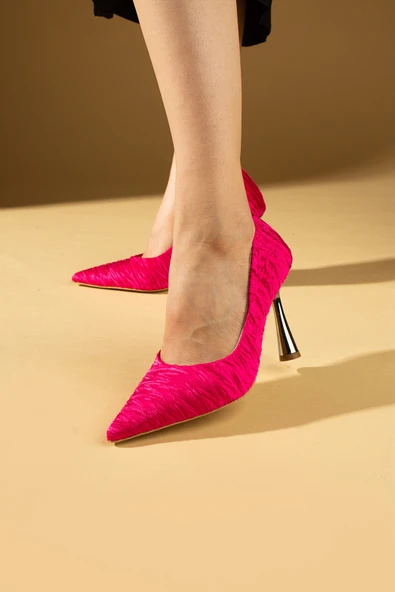 Pembe Potin Kırışık Saten Kadeh Topuklu Rahat Kalıp Kadın Topuklu Ayakkabı 017-1880-23Saten - Resim 12