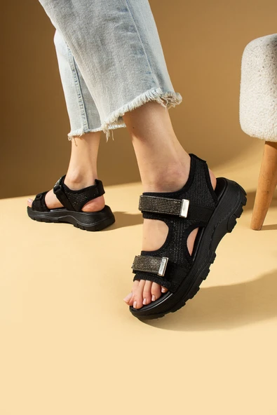 Pembe Potin Çift Cırtlı Rahat Taban Taş Detaylı Kadın Sandalet 59-15-25 - Resim 6