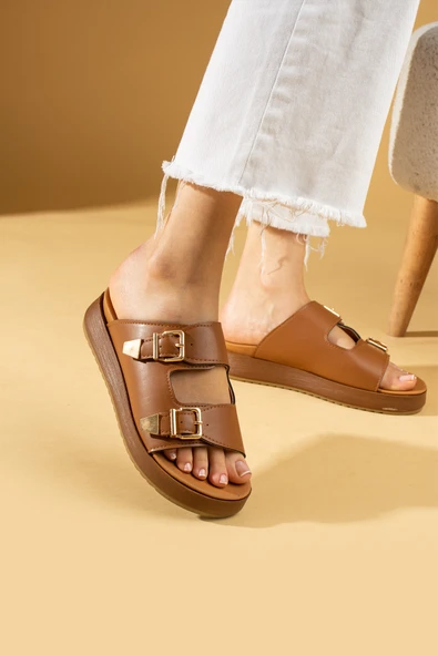 Pembe Potin Çift Gold Tokalı Comfort Taban Kadın Terlik 70-0232-24 - Resim 10