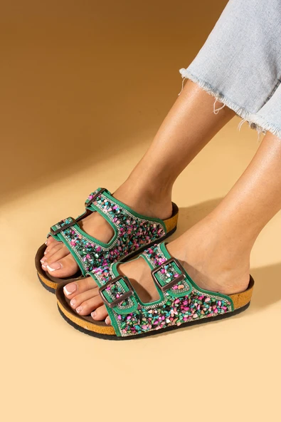 Pembe Potin Renkli Doğal Taşlı Çift Tokalı Anatomik Taban Kadın Terlik 51-605-24 - Resim 11